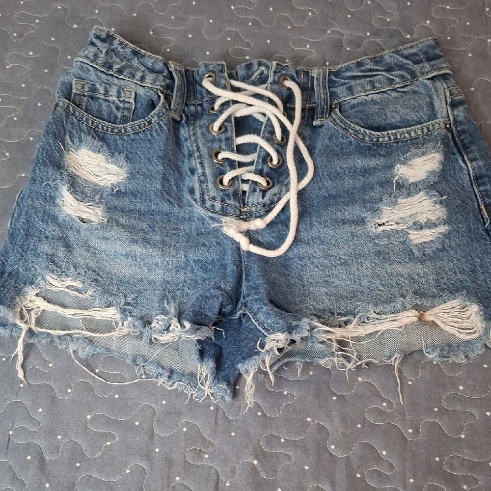 YMI Dream Distressed Blue Denim Lace-Up Women Shorts size 1